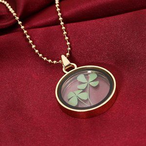 Rare real Dried four leaf Clover Luck Flower Clear Resin Locket Pendant Necklace